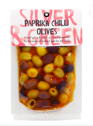 Silver & Green Paprika Chilli Olives 220g